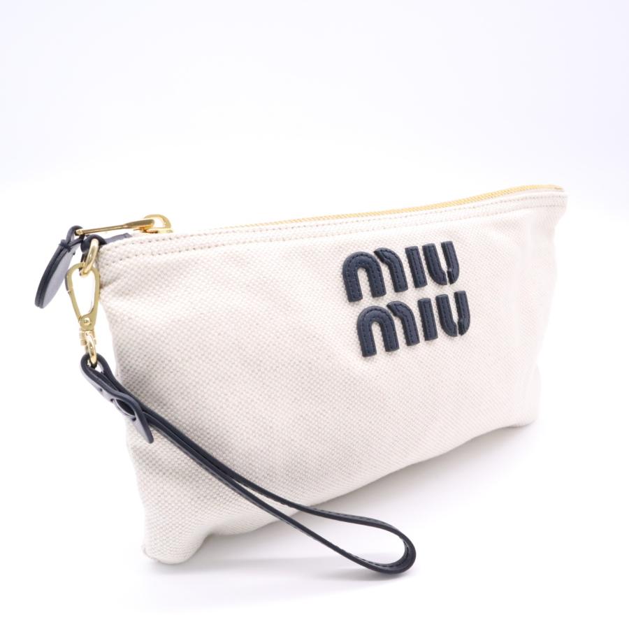 ★3日以内返品可★ 美品 MIUMIU ミュウミュウ コットン ポーチ - ポーチ ホワイト ブラック ゴールド コットン | miu miu