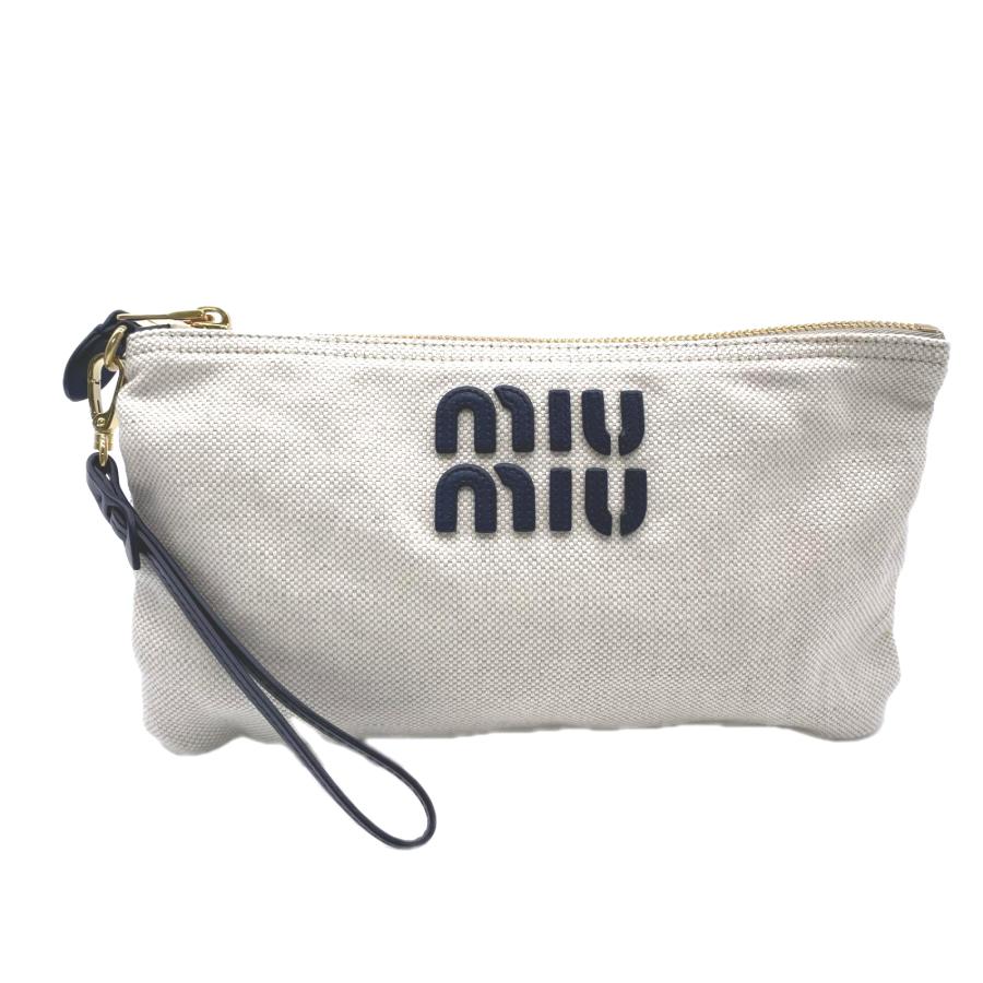 ★3日以内返品可★ 美品 MIUMIU ミュウミュウ コットン ポーチ - ポーチ ホワイト ブラック ゴールド コットン | miu miu | 01