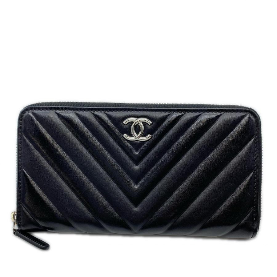 ★3日以内返品可★ 極美品 CHANEL シャネル ラムスキン シェブロン Vステッチ ラウンドファスナー長財布 A50097の画像