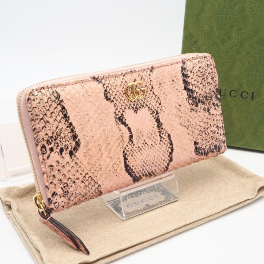 ★3日以内返品可★ GUCCI グッチ 456117 パイソンレザー GGマーモント ピンク ラウンドフンァスナー長財布 美品 GUCCI（グッチ） ☆3日以内返品可☆ 456117 パイソンレザー GG