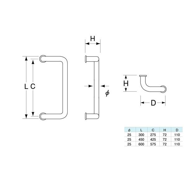 10組入　FROG(K9)　ステンレスプルハンドル　曲線型　（両面）　HL　25φ　300mm　（SP-103-R-25-300-HL)