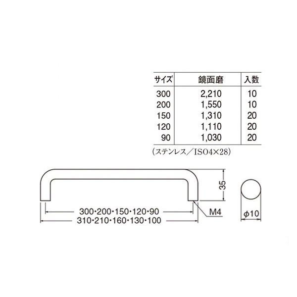 20本入　シロクマ　HL-10　鏡面磨　120mm(ピッチ97)　ステン10φ丸棒ハンドル