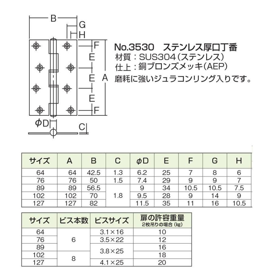 20枚入　ARCH(アーチ)　NO.3530　ステンレス厚口丁番　銅ブロンズ　(ビス付)　76mm