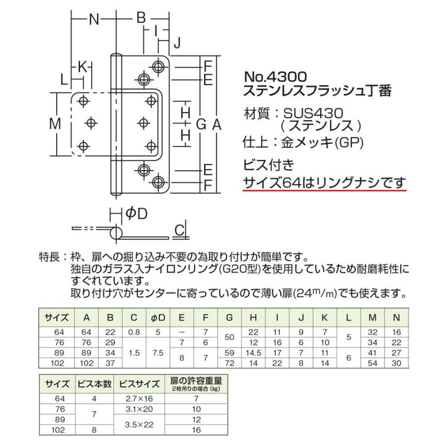 20枚入 ARCH(アーチ) NO.4300 ステンレスフラッシュ丁番 金メッキ
