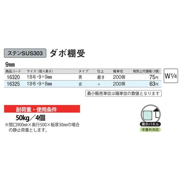 スリーナイン島野 ステンレス ダボ棚受 磨き 9mm 18号・9×9mm・男 (200