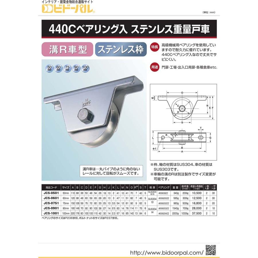 2個入　ヨコヅナ　440Cベアリング入　ステンレス重量戸車　φ90　(JCS-0901)　(溝R車型・ステン枠)