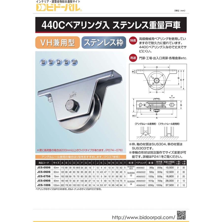 2個入　ヨコヅナ　440Cベアリング入　ステンレス重量戸車　(VH兼用型・ステン枠)　φ75　(JCS-0756)