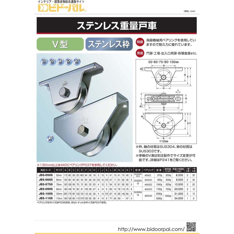 2個入　ヨコヅナ　ステンレス重量戸車　φ100　(JBS-1005)　(V型・ステン枠)