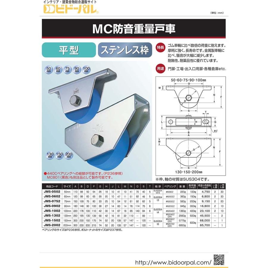 ヨコヅナ　MC防音重量戸車　(平型・ステンレス枠)　φ200　(JMS-2002)