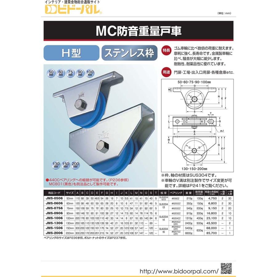 2個入 ヨコヅナ Mc防音重量戸車 H型 ステンレス枠 F75 Jms 0756