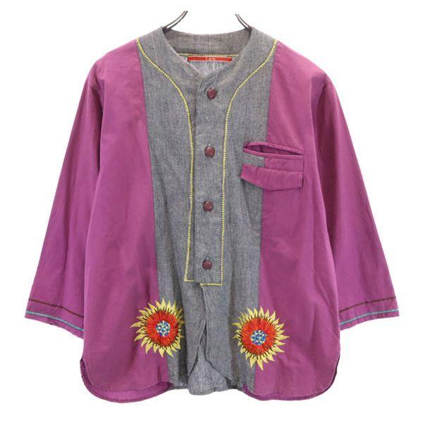 レー ベースボールシャツ 刺繍 長袖 シャツ M ピンク×グレー LEH 七分袖 メンズ 古着 211006 メール便可