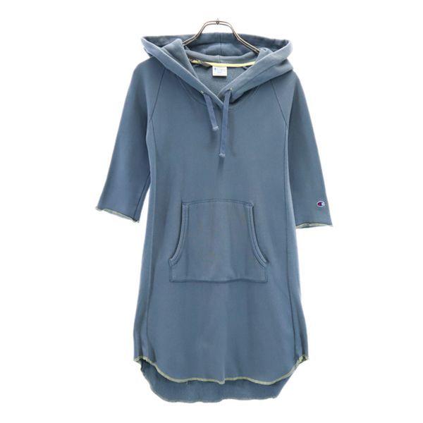 春の新作 チャンピオン リバースウィーブ コラボ 七分袖 スウェット チュニック S ブルー系 Champion W フード ナノユニバース レディース 古着 Pd