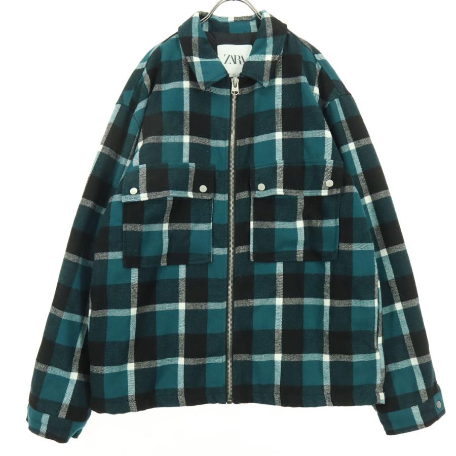 ZARA（ザラ） チェック柄 長袖 ジップ シャツジャケット L グリーン系