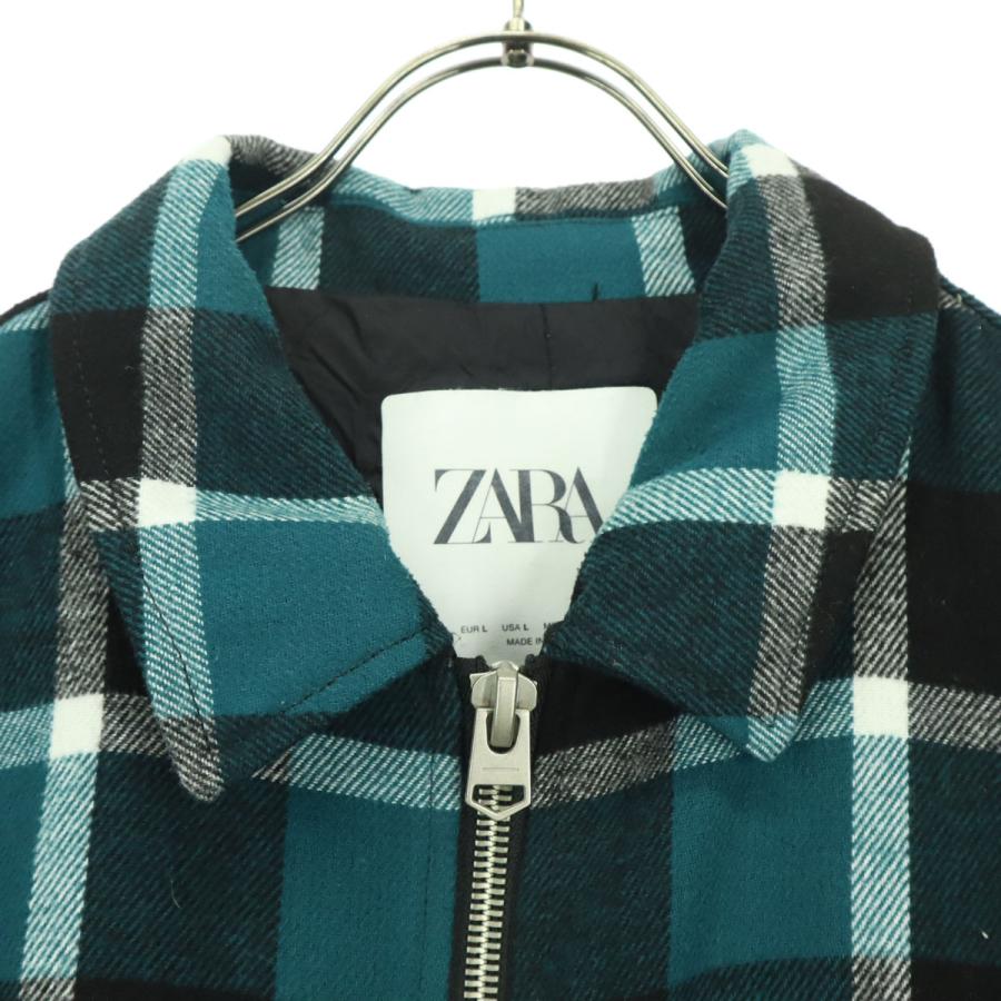 ZARA（ザラ） チェック柄 長袖 ジップ シャツジャケット L グリーン系