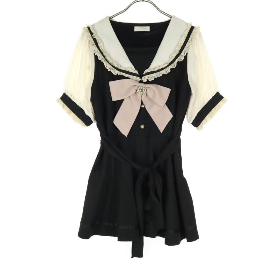 LIZLISA レースセーラーブラウス 黒 トップス LIZ LISA（リズリサ） レース 半袖 セーラーカラー リボン ブラウス