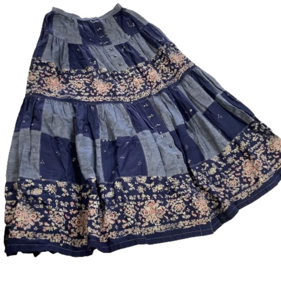 美品 ピンクハウス 花柄 パッチワーク ロゴ Aライン ギャザー