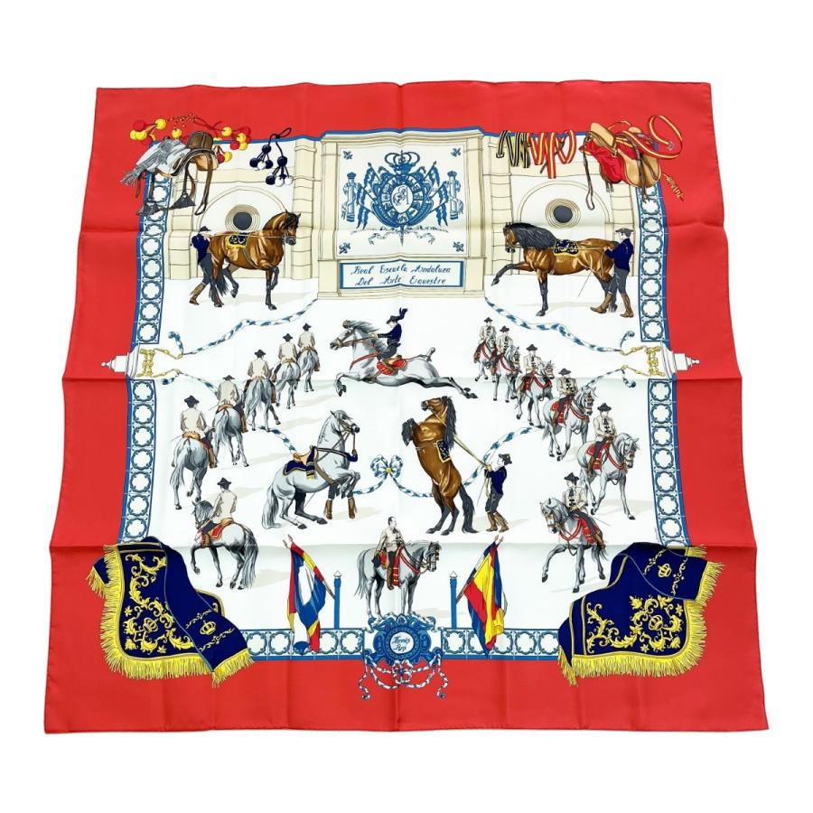 未使用　美品HERMES エルメス　馬と騎手のシルクスカーフ　赤ピンク系　箱なし HERMES（エルメス） ◇◇ スカーフ シルク 馬 箱無 赤 レッド 目立った