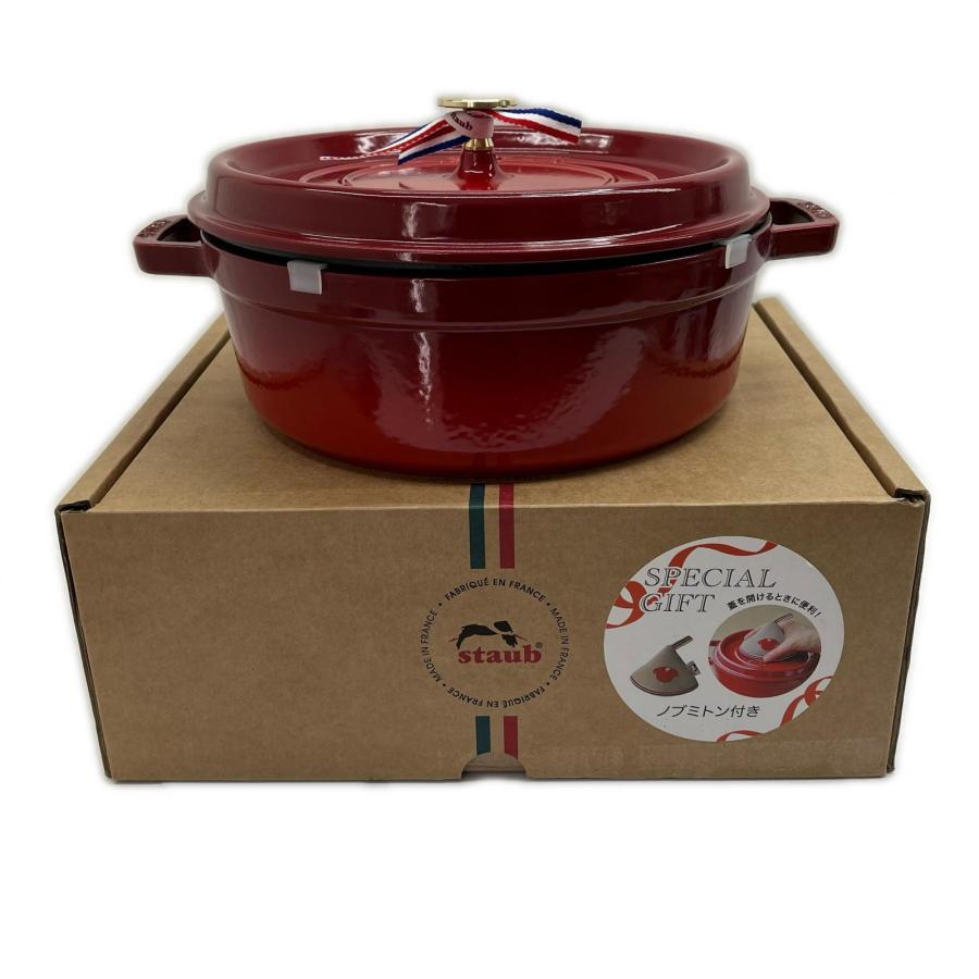 希少！未使用staub両手鍋 ストウブシャローラウンドココット26cm チェリー STAUB ストウブ 両手鍋 シャローココットラウンド 26cm ミトン付 4L