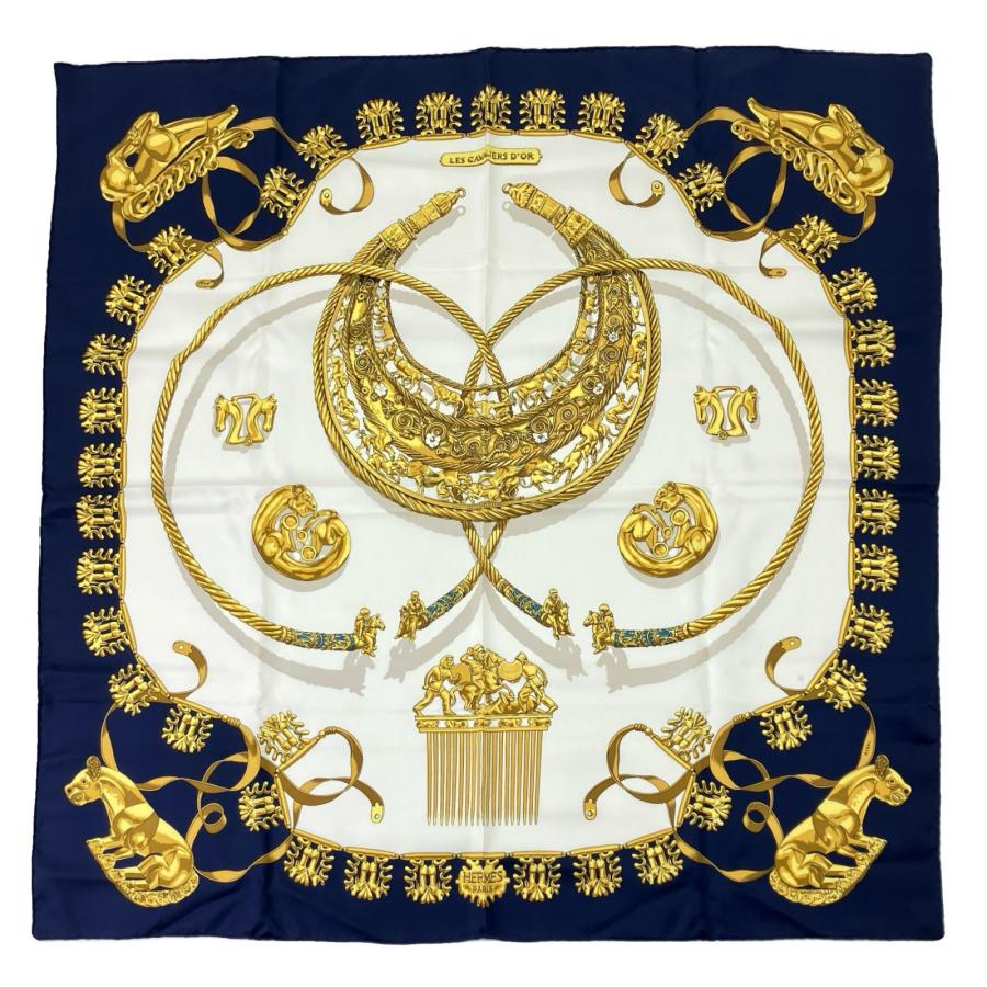 【最終価格】HERMESスカーフ　カレ90 黄金の騎士 HERMES（エルメス） カレ90 黄金の騎士 ネイビー×ホワイト やや傷や