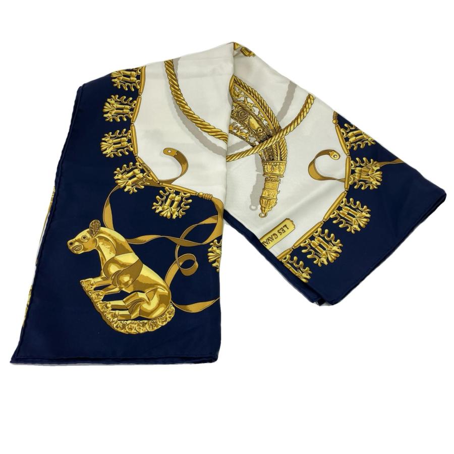 HERMES（エルメス） カレ90 黄金の騎士 ネイビー×ホワイト やや傷や