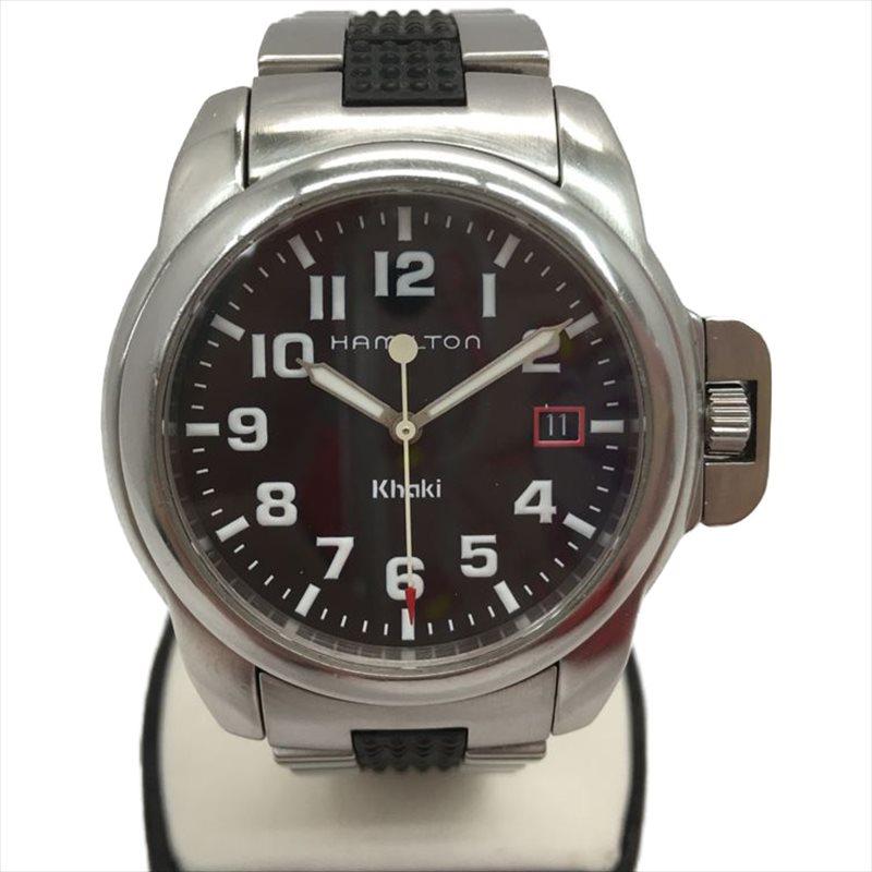 HAMILTON メンズ腕時計 クオーツ Khaki カーキ ブラック文字盤 純正ブレス 6309 やや傷や汚れあり