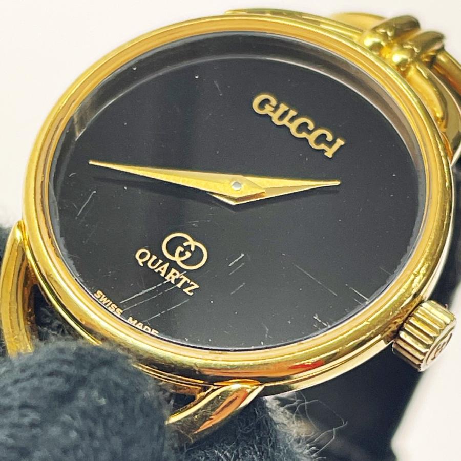 GUCCI グッチ クォーツ 6000L ゴールド×ブラック 腕時計 レザー 黒文字 