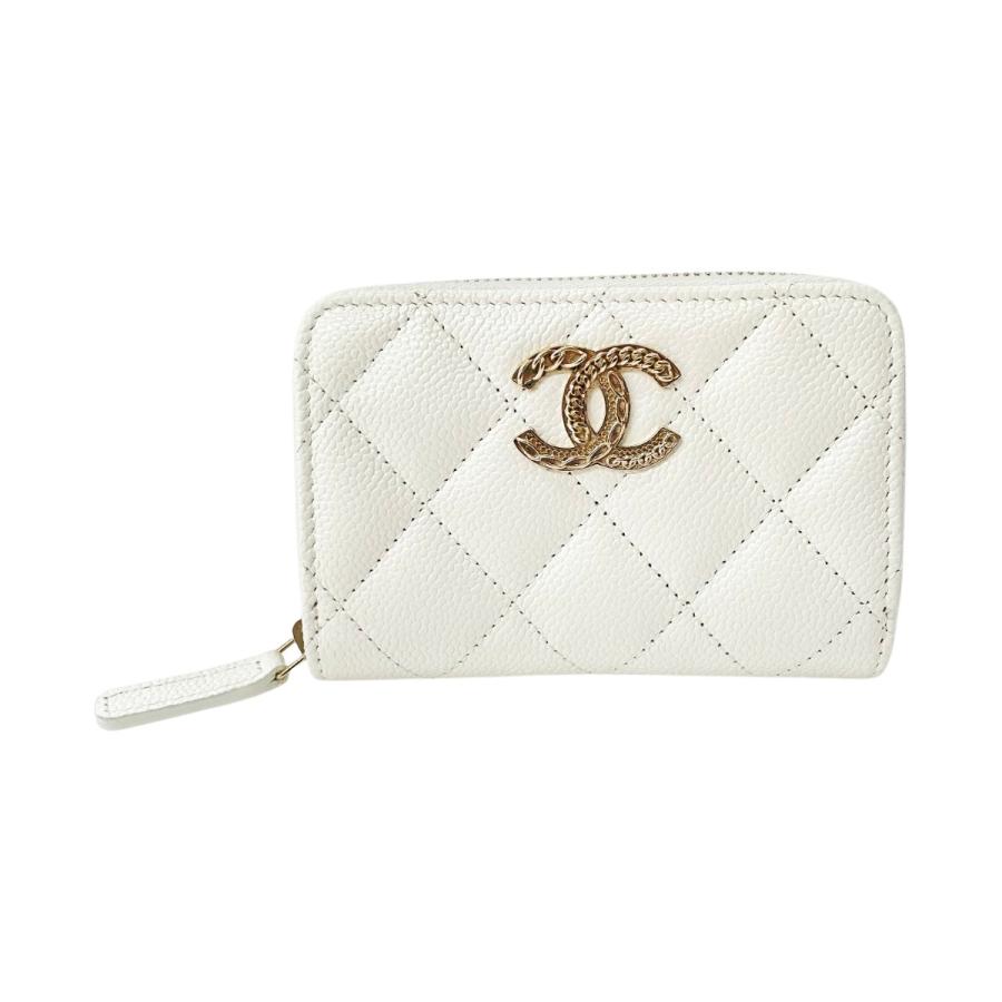 CHANEL シャネル 財布 ココマーク マトラッセ ラウンドファスナー ケース ホワイト キャビアスキン CHANEL（シャネル） 財布 ココマーク マトラッセ ラウンドファスナー