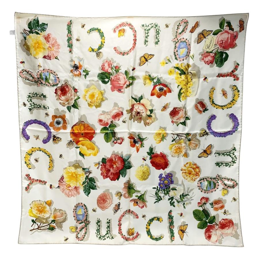 GUCCI（グッチ） フローラル柄 アイボリー シルク スカーフ やや傷や