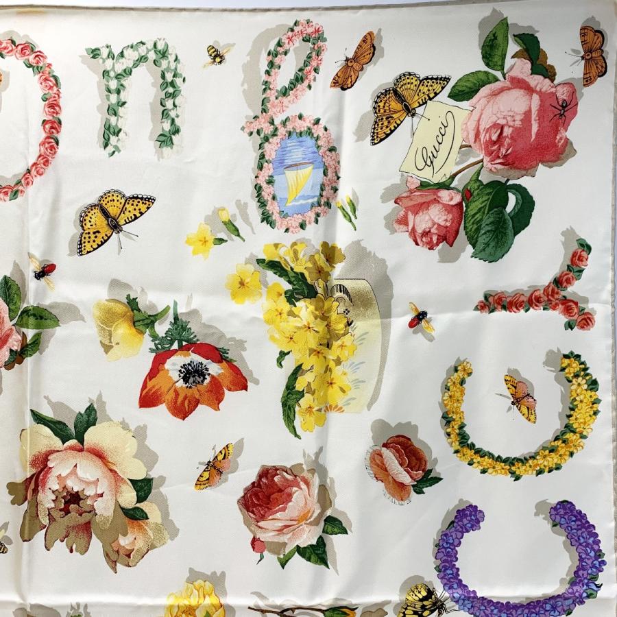 GUCCI（グッチ） フローラル柄 アイボリー シルク スカーフ やや傷や