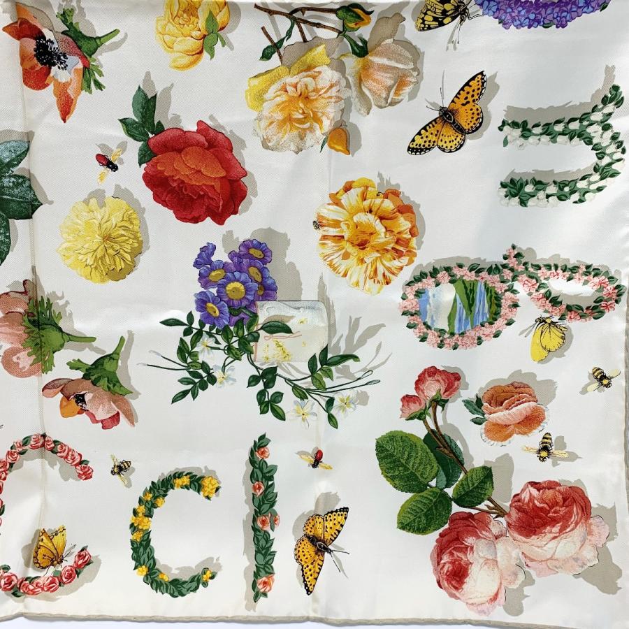 GUCCI（グッチ） フローラル柄 アイボリー シルク スカーフ やや傷や