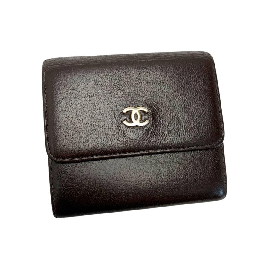 CHANEL シャネル レザー ブラウン Wホック財布 傷や汚れあり  