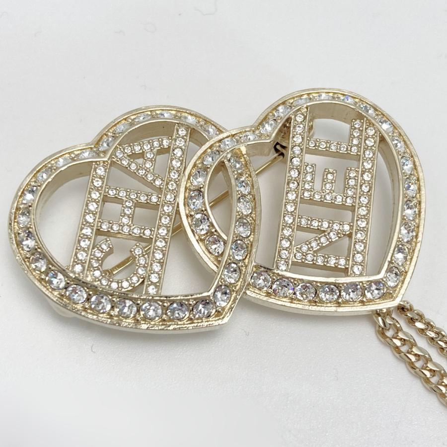 シャネル ゴールド ラインストーン ココマーク ハート ブローチ CHANEL（シャネル） ココマーク ハート チェーン ブローチ ゴールド GP