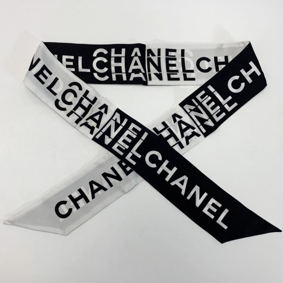 CHANEL ロゴスカーフ ホワイト・ブラック CHANEL（シャネル） ヘアバンド 細いスカーフ ツイリー ホワイト