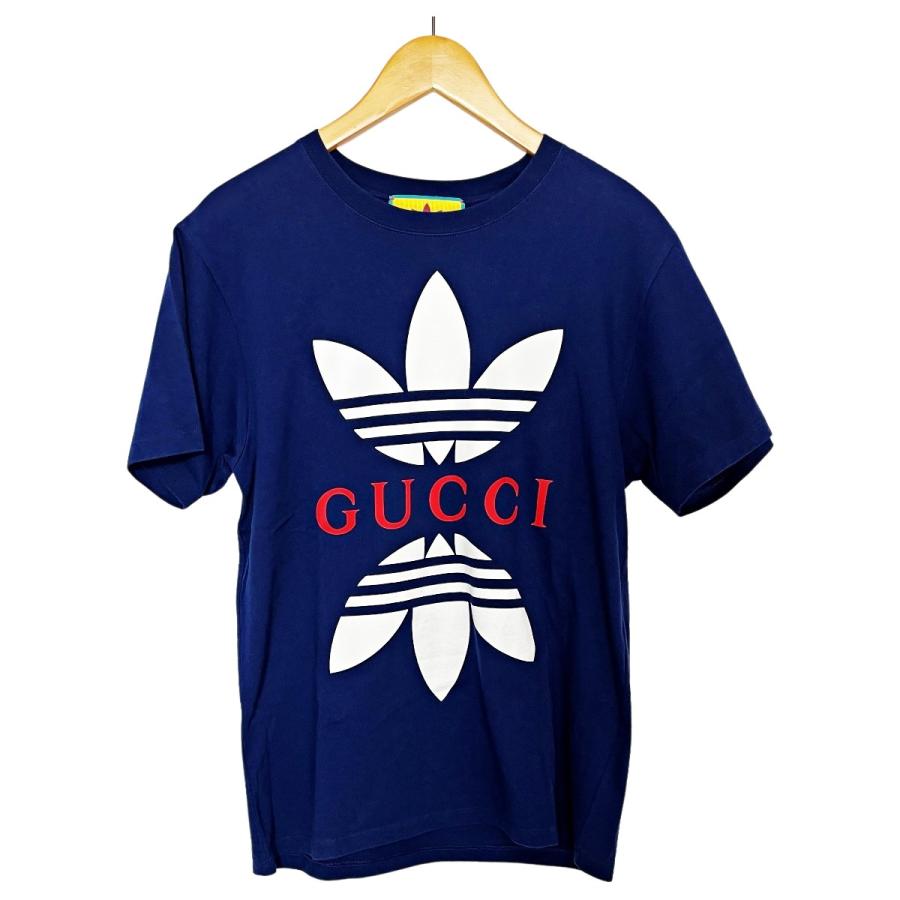 GUCCI アディダス コラボ 半袖Tシャツ S GUCCI グッチ adidasコラボ ロゴプリント半袖Tシャツ ネイビー