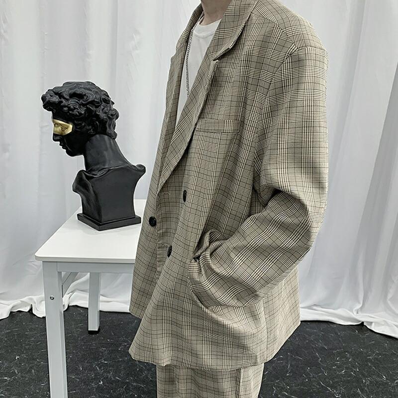 カジュアル スーツ セットアップ チェック柄 韓国 ファッション メンズ