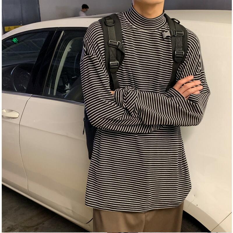 ハイネックボーダーロンティー ドロップショルダー 人気の贈り物が大集合 レイヤード 重ね着 ロンt Tシャツ 韓国 ゆったり メンズ ファッション 長袖 メ ロングスリーブ