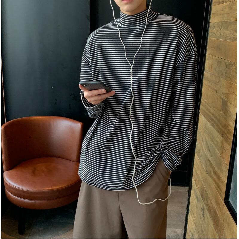 ハイネックボーダーロンティー ドロップショルダー 人気の贈り物が大集合 レイヤード 重ね着 ロンt Tシャツ 韓国 ゆったり メンズ ファッション 長袖 メ ロングスリーブ