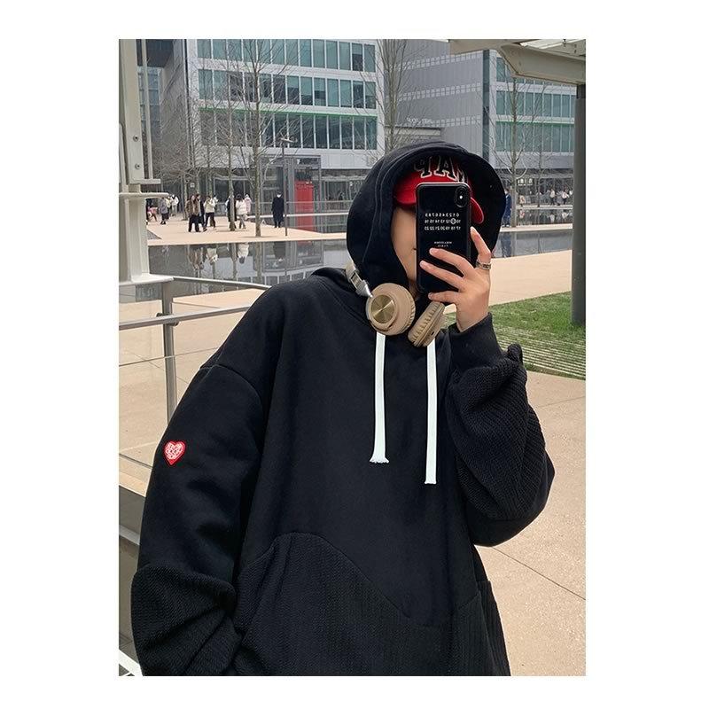 Sale 韓国 ファッション ゆったり 異素材切り替え プルオーバー パーカー フーディ パーカ アウター 病みかわいい シェア服 メンズ レディース ユニセックス 男女兼用 秋冬 冬 衣装 カジュアル 大きいサイズ ペアコーデ お揃い おそろ リンクコーデ 双子 カップル 親子