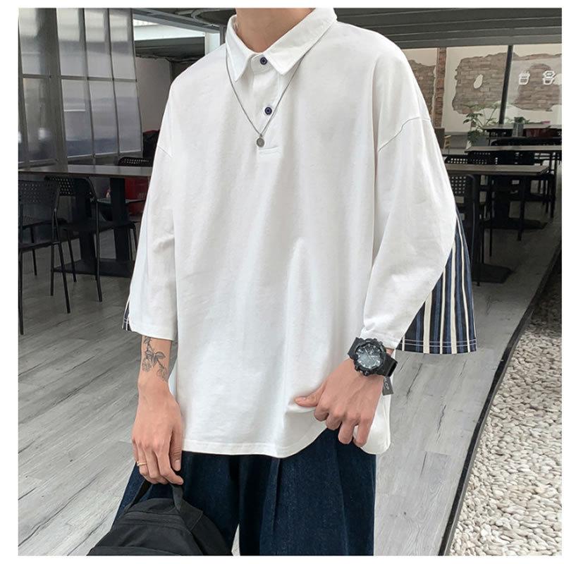 21 新作 韓国 ファッション ビッグシルエット カジュアルシャツ プルオーバー 7分袖 七分袖 ポロ ポロシャツ ストライプ柄切り替え メンズ ポロシャツ カラー ホワイト Www Digitalsignagerds Com