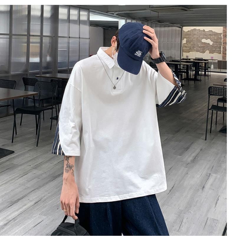 21 新作 韓国 ファッション ビッグシルエット カジュアルシャツ プルオーバー 7分袖 七分袖 ポロ ポロシャツ ストライプ柄切り替え メンズ ポロシャツ カラー ホワイト Www Digitalsignagerds Com