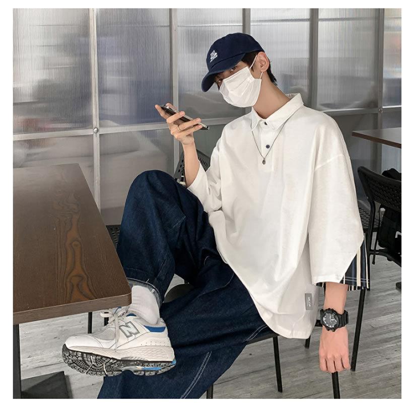 21 新作 韓国 ファッション ビッグシルエット カジュアルシャツ プルオーバー 7分袖 七分袖 ポロ ポロシャツ ストライプ柄切り替え メンズ ポロシャツ カラー ホワイト Www Digitalsignagerds Com