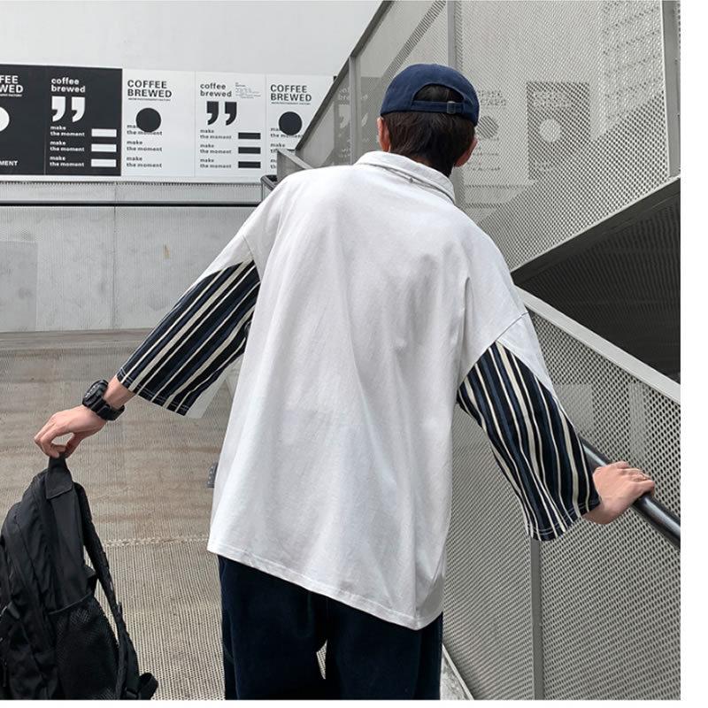 21 新作 韓国 ファッション ビッグシルエット カジュアルシャツ プルオーバー 7分袖 七分袖 ポロ ポロシャツ ストライプ柄切り替え メンズ ポロシャツ カラー ホワイト Www Digitalsignagerds Com