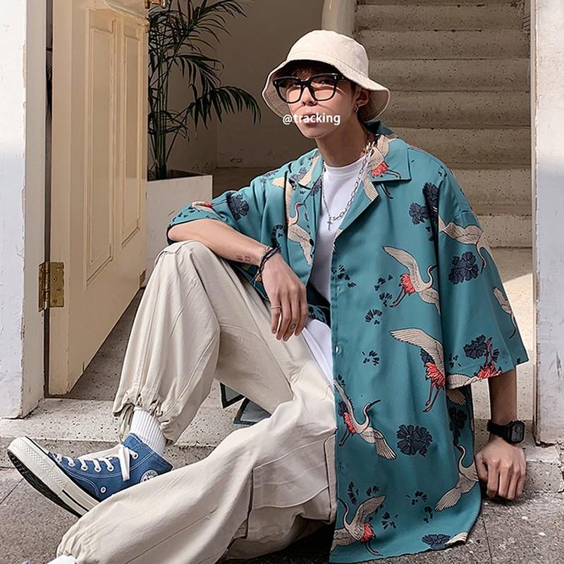 鶴柄 シャツ 和柄 和風 ビッグシャツ メンズ シャツ 柄シャツ 総柄 半袖 ビッグシルエット 韓国 ファッション メンズ 涼しい 半袖シャツ