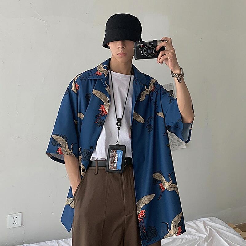 鶴柄 シャツ 和柄 和風 ビッグシャツ メンズ シャツ 柄シャツ 総柄 半袖 ビッグシルエット 韓国 ファッション メンズ 涼しい 半袖シャツ