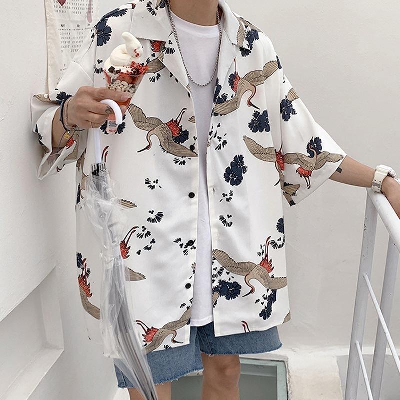 鶴柄 シャツ 和柄 和風 ビッグシャツ メンズ シャツ 柄シャツ 総柄 半袖 ビッグシルエット 韓国 ファッション メンズ 涼しい 半袖シャツ