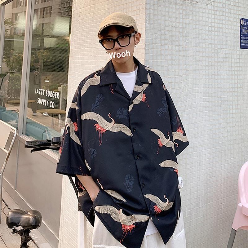 鶴柄 シャツ 和柄 和風 ビッグシャツ メンズ シャツ 柄シャツ 総柄 半袖 ビッグシルエット 韓国 ファッション メンズ 涼しい 半袖シャツ