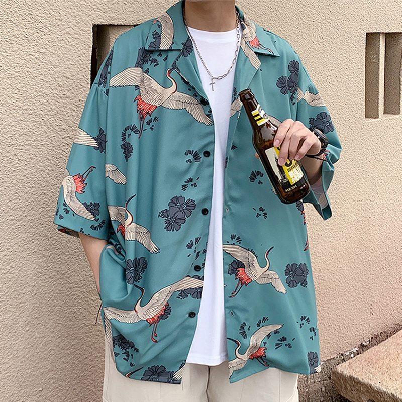 鶴柄 シャツ 和柄 和風 ビッグシャツ メンズ シャツ 柄シャツ 総柄 半袖 ビッグシルエット 韓国 ファッション メンズ 涼しい 半袖シャツ