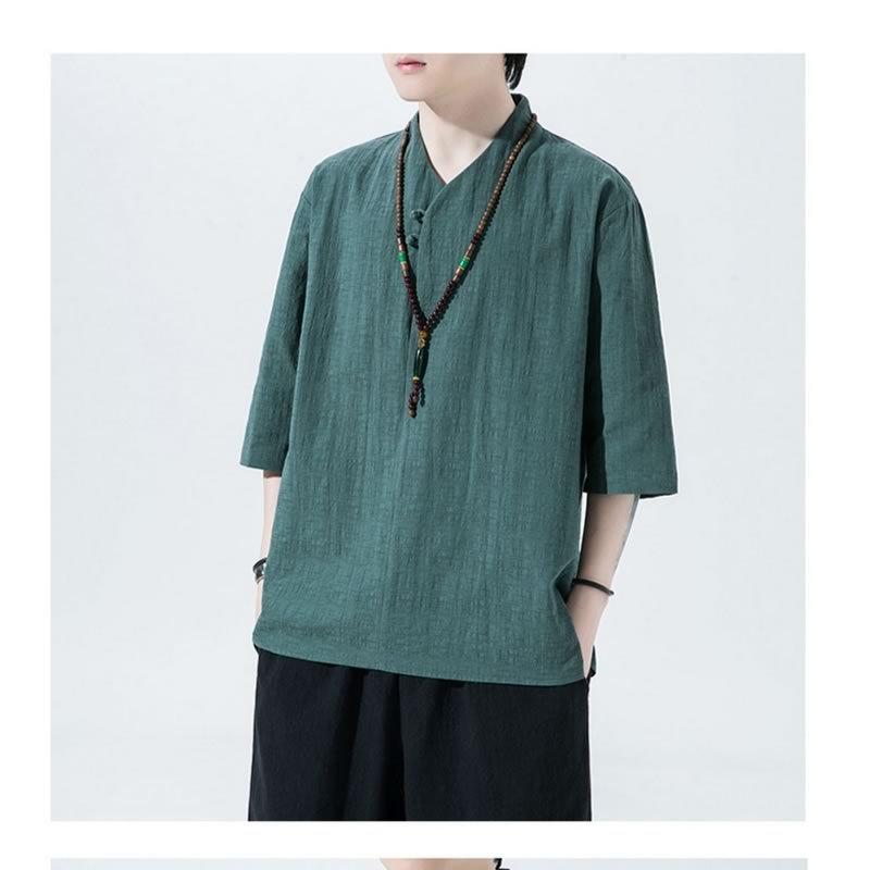 チャイナtシャツ Vネック カンフーシャツ 半袖カットソー ティーシャツ チャイナボタン 中華風 涼しい エスニック アジアン 部屋着 おうち着|bigbangfellas|15