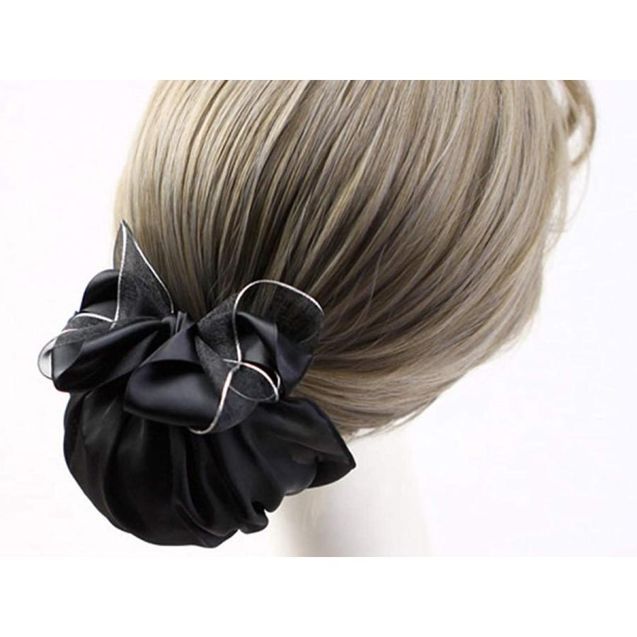 ヘアスタイル 見ちがえる シニヨンネット リボン お団子ネット まとめ髪 ネット シニヨンネット バレッタ ネット付きバレッタ 黒 お団子カ ヘアクリップ