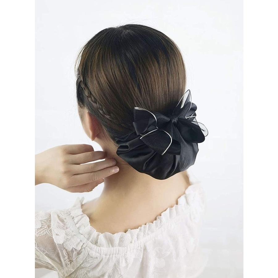 ヘアスタイル 見ちがえる シニヨンネット リボン お団子ネット まとめ髪 ネット シニヨンネット バレッタ ネット付きバレッタ 黒 お団子カ ヘアクリップ